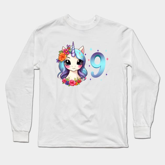 I am 9 with unicorn - girl birthday 9 years old Long Sleeve T-Shirt by Modern Medieval Design